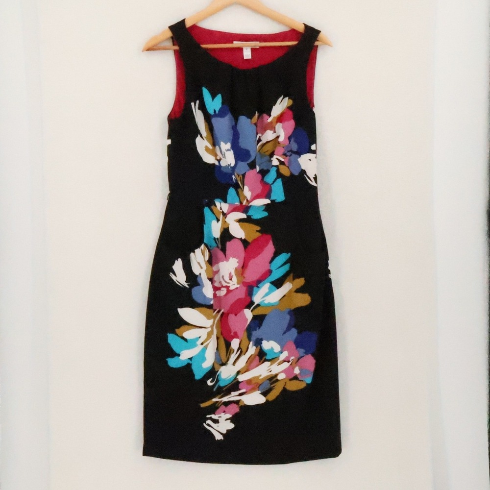 London Times Floral Sheath Dress Womens Size 6 Black Pink Pockets Office Career